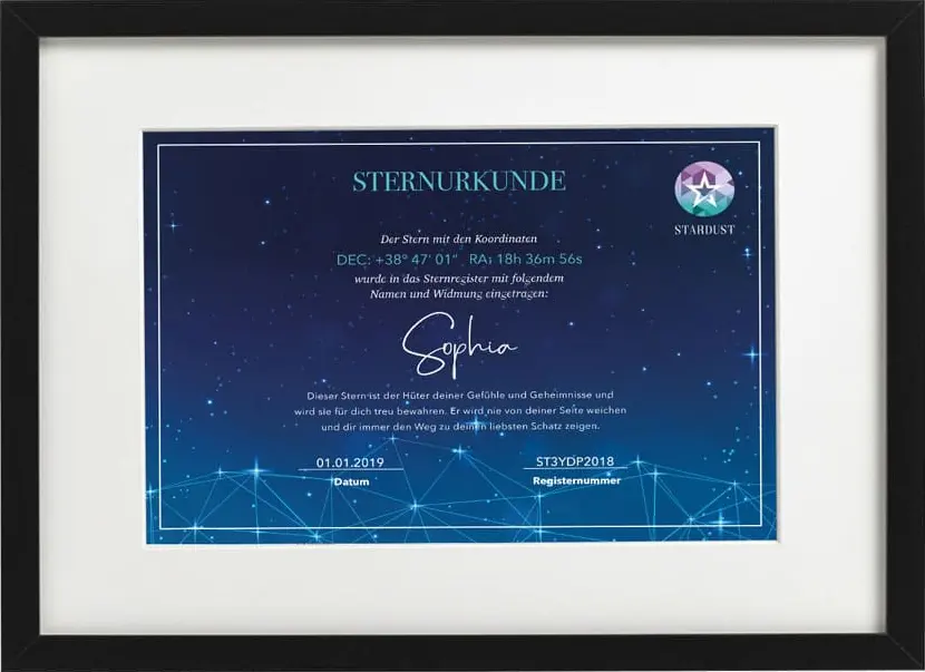 Echte Stardust-Sternurkunde im schwarzen Bilderrahmen