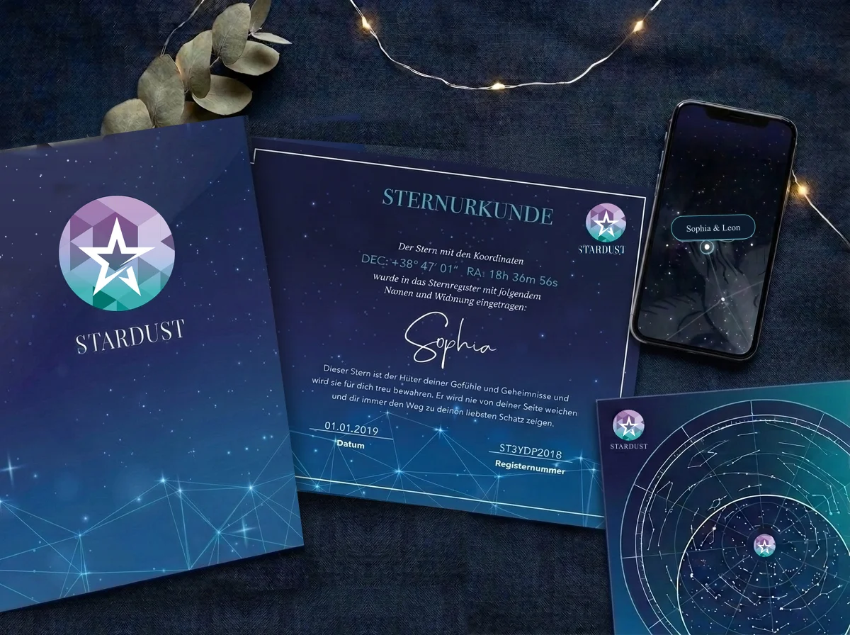 Stardust-Sternmappe mit Sternurkunde, Handy mit Sternenkarte und drehbarer Sternkarte