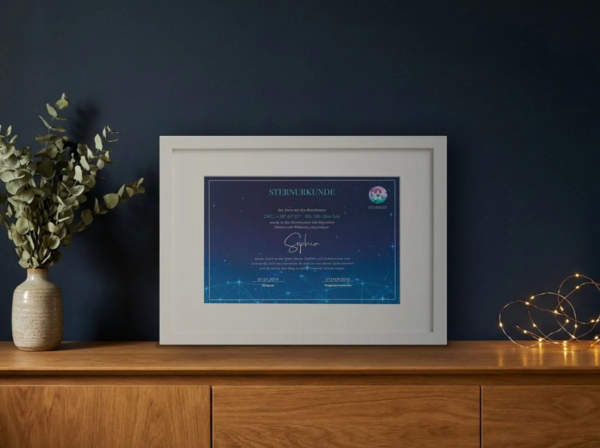 Sternurkunden im weißen und schwarzen Bilderrahmen mit Passepartout auf einem Sideboard