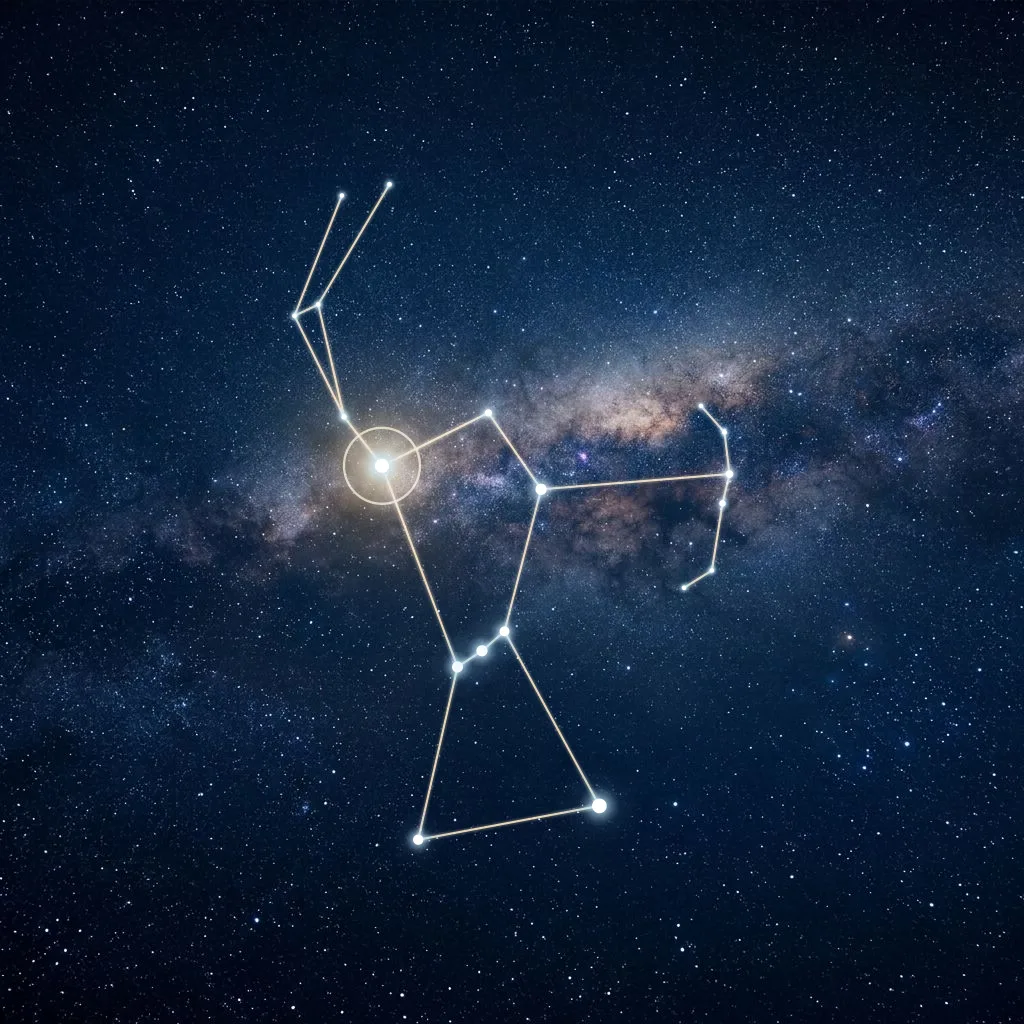 Sternbild Orion mit hervorgehobenem Beteigeuze oben links
