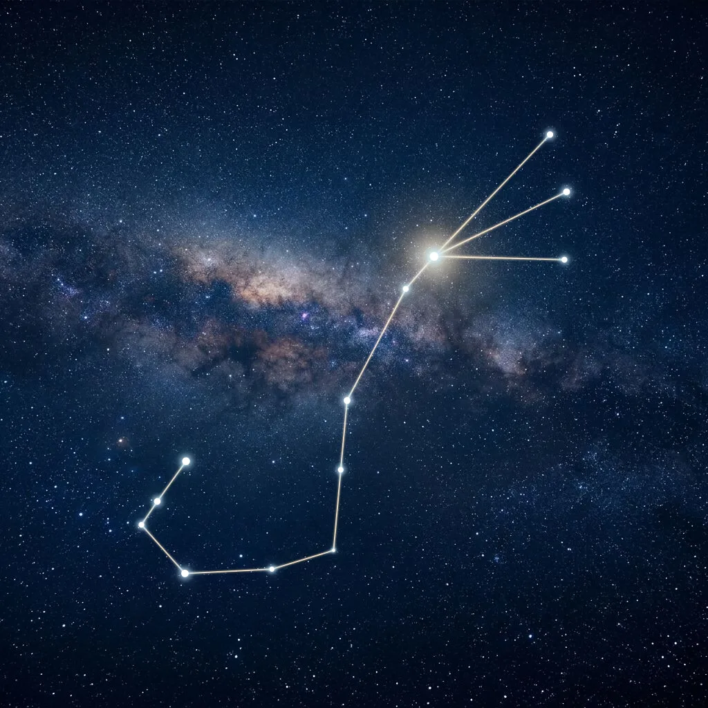 Sternbild Skorpion mit Antares und Verbindungslinien am Nachthimmel